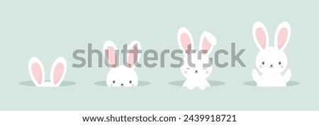 Set of cute Easter bunnies peeking out of burrows. Flat vector illustration