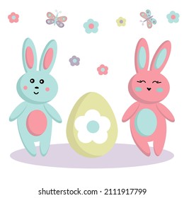 Set of cute Easter bunnies. Vector illustration Couple Easter bunnies and Easter egg. Collection of Easter elements for your design.