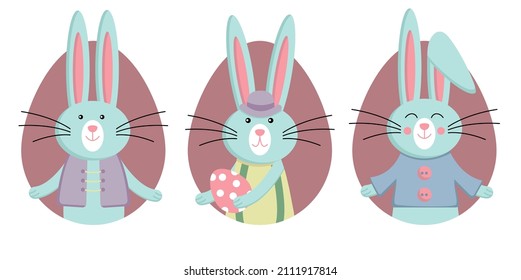 Set of cute Easter bunnies. Vector illustration of Easter bunnies. Collection of Easter elements for your design.