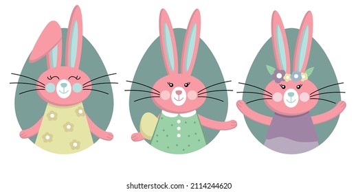 Set of cute Easter bunnies. Vector illustration of Easter bunnies. Collection of Easter elements for your design.