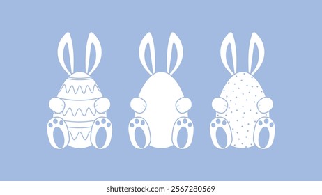 Set of cute Easter bunnies.Three bunnies hiding behind the eggs.Vector design elements.Isolated on lavender background.Used for printing on clothes, packaging, wallpaper.Sticker, decal, object.