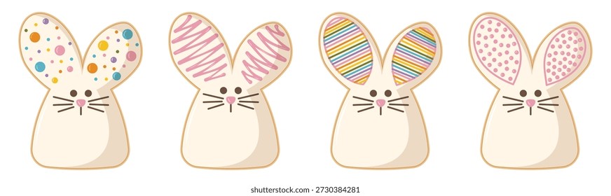 Conjunto de lindas galletas de conejo de Pascua con orejas decoradas de colores. Galletas de Vector en forma de conejo con varios patrones de glaseado: lunares, rayas y arco iris, aislados en blanco.