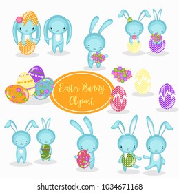 Set of cute Easter bunny with Easter eggs and flowers. Vector funny characters rabbit illustration clip art