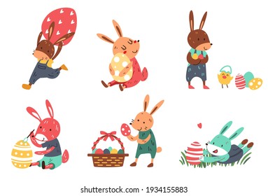 Set of cute Easter bunny with easter eggs cartoon character flat vector illustration isolated on white background. Happy Easter.