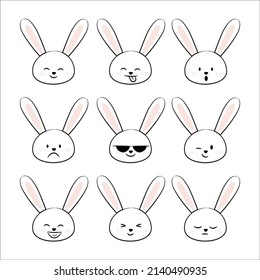 Set of cute Easter Bunny Emoticons with Happy and Lovely Faces on the white Background. Vector Illustration Design.