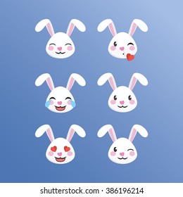 Set of cute Easter Bunny Emoticons with Happy and Lovely Faces on the Blue Background for Holiday Posters or Mobile Applications. Vector Element Icon Symbol Graphic Illustration Design.