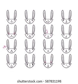 Set of cute Easter bunny emoticons with happy and lovely faces, hand-drawn rabbit collection with various emotions, EPS 8