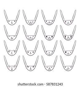 Set of cute Easter bunny emoticons with happy and lovely faces, hand-drawn rabbit collection with various emotions, EPS 8