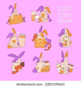 Set with Cute Easter bunny. Festive sweets, cake, egg. Illustration for the decoration of the spring holiday Easter. Religious symbol of the rebirth of life after death. Vector illustration.