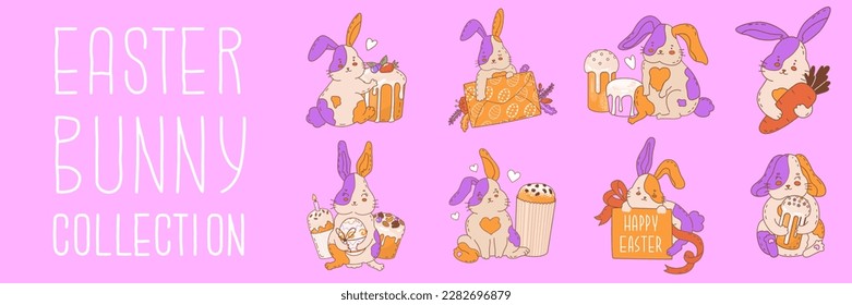 Set with Cute Easter bunny. Festive sweets, cake, egg. Illustration for the decoration of the spring holiday Easter. Religious symbol of the rebirth of life after death. Vector illustration.