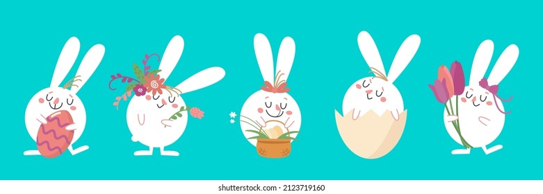Set of cute easter bunny. Funny white rabbits in cracked egg and eggs shell, holding basket with eggs, spring flowers. Happy hare, cartoon character. Hand drawn vector illustration, flat design