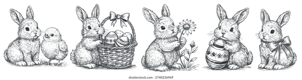 Set cute Easter bunny