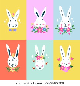 Set of cute Easter bunny rabbits with flowers.