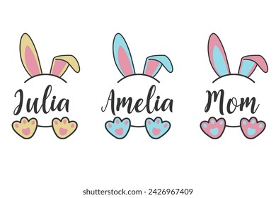 Set Of Cute Easter Bunny Split Name Tag Monogram Template Vector.