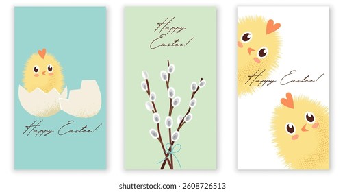 set of cute Easter cards with chicken and willow twigs. an Easter set of templates for greeting stories. flat drawing with texture. EPS 10.
