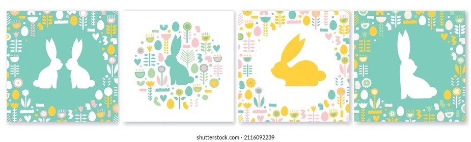 A set of cute Easter cards with rabbits. Vector illustrations in a round frame