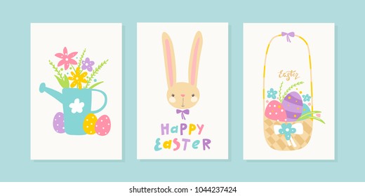 Set of cute easter cards with spring flowers, little bunny, bright inscription and basket with colored eggs