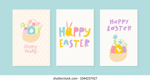 Set of cute easter cards with spring flowers, cute inscription, colored eggs