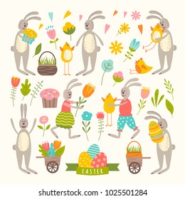 Set of cute Easter cartoon characters and design elements. Easter bunny, chickens, eggs and flowers. Vector illustration.