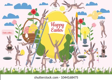 Set of cute Easter cartoon characters and design elements. Easter bunny, eggs and flowers. Vector illustration.