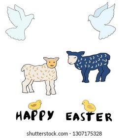 Set of cute Easter cartoon characters and design elements. Easter lamb, chicks and doves.  Hand written happy Easter lettering with brush ink. Vector illustration on white background. 