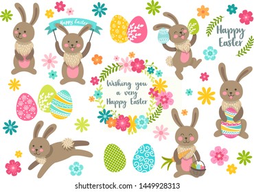 Set of cute Easter cartoon characters rabbits and design elements flowers. Easter bunny, eggs and flowers. Vector illustration
