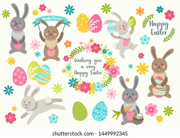 Set of cute Easter cartoon characters rabbits and design elements flowers. Easter bunny, eggs and flowers. Vector illustration