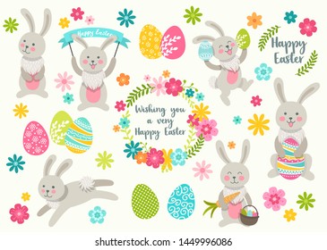 Set of cute Easter cartoon characters white rabbits and design elements flowers. Easter bunny, eggs and flowers. Vector illustration