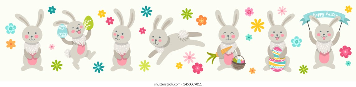 Set of cute Easter cartoon characters white rabbits and design elements flowers. Easter bunny and flowers. Vector illustration