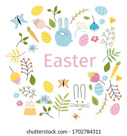 Set of cute easter cartoon characters and design elements. Easter bunny, eggs, twigs, butterflies, leaves, Easter cupcake, carrots, flowers. Vector illustration in doodle style.