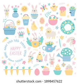 Set of cute Easter cartoon characters and design elements. Bunny, chickens, eggs and flowers. Vector illustration.
