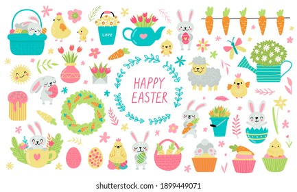 Set of cute Easter cartoon characters and design elements. Bunny, chickens, eggs and flowers. Vector illustration.