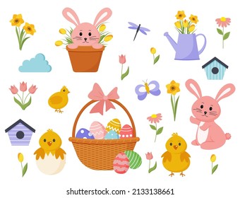 Set of cute Easter cartoon characters and design elements. Easter bunny, chickens, eggs and flowers. Vector illustration. Eps 10