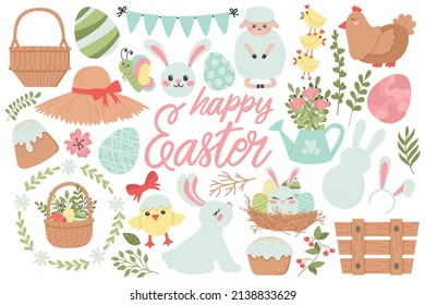 Set of cute Easter cartoon characters and design elements. Colored eggs, rabbits and chickens. Vector illustration Easy to change color.