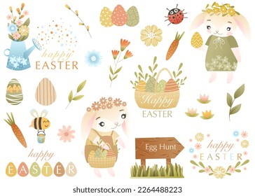 Set of cute easter cartoon characters and design elements. Easter bunny, colored eggs, lettering, spring flower, carrot, bee. Vector illustration. Perfect for scrapbooking, sticker, greeting cards.