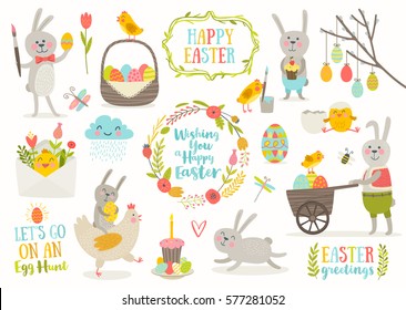 Set of cute Easter cartoon characters and design elements. Easter bunny, chickens, eggs and flowers. Vector illustration.