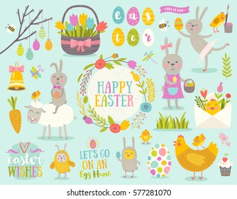 Set of cute Easter cartoon characters and design elements. Easter bunny, chickens, eggs and flowers. Vector illustration.