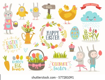 Set of cute Easter cartoon characters and design elements. Easter bunny, chickens, eggs and flowers. Vector illustration.