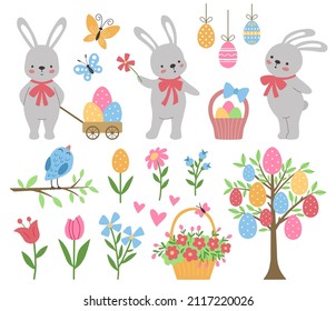 Set of cute Easter characters and design elements. Easter bunnies and flowers. Vector illustration.