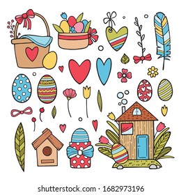 Set of cute Easter characters and elements. Happy Easter. Scrapbooking set of bright hand draw elements basket with eggs, flowers, chicken, chicks, vase of flowers, Easter cake, wreath.