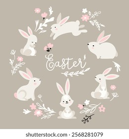 Set of cute Easter characters and elements. Easter bunny, chicks, eggs and flowers. Vector illustration.