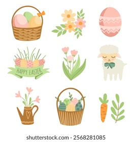 Set of cute Easter characters and elements. Easter bunny, chicks, eggs and flowers. Vector illustration.