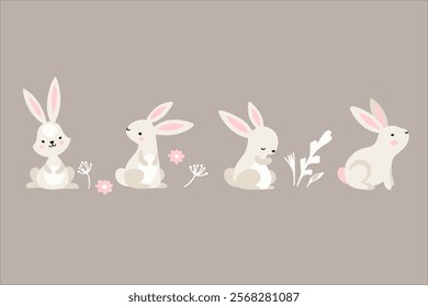 Set of cute Easter characters and elements. Easter bunny, chicks, eggs and flowers. Vector illustration.