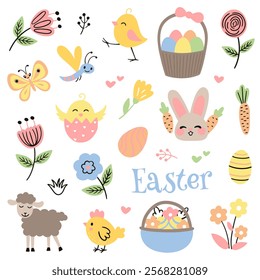 Set of cute Easter characters and elements. Easter bunny, chicks, eggs and flowers. Vector illustration.