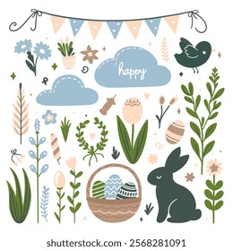 Set of cute Easter characters and elements. Easter bunny, chicks, eggs and flowers. Vector illustration.