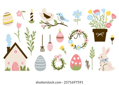 Set of cute Easter characters and elements. Easter bunny, chicks, eggs and flowers. Vector illustration.