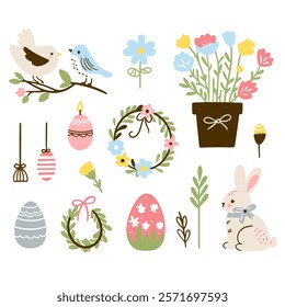 Set of cute Easter characters and elements. Easter bunny, chicks, eggs and flowers. Vector illustration.