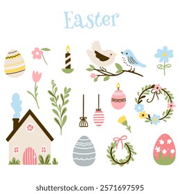 Set of cute Easter characters and elements. Easter bunny, chicks, eggs and flowers. Vector illustration.