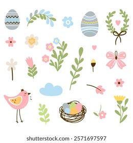 Set of cute Easter characters and elements. Easter bunny, chicks, eggs and flowers. Vector illustration.