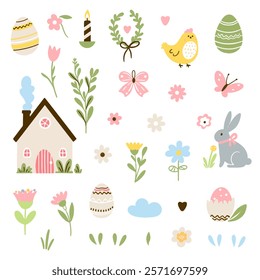 Set of cute Easter characters and elements. Easter bunny, chicks, eggs and flowers. Vector illustration.